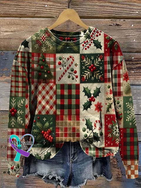 Retro Christmas Patchwork Art Prrint Casual Sweatshirt Multicolor / S