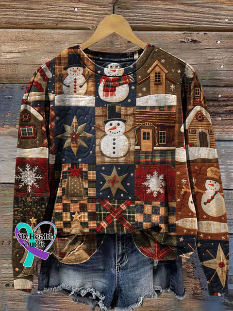 Retro Christmas Patchwork Art Prrint Casual Sweatshirt Multicolor / S