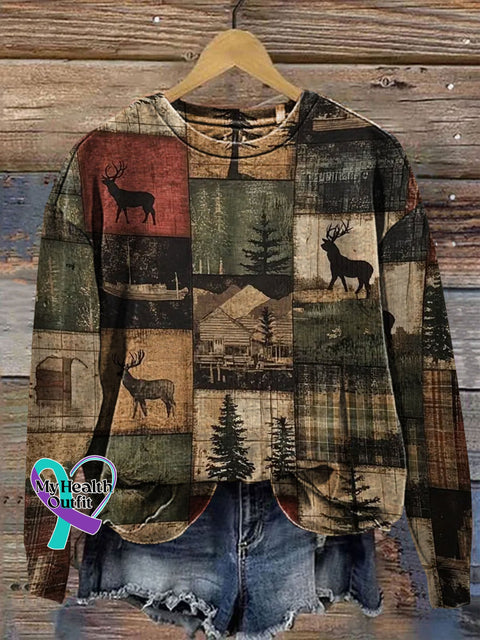 Retro Christmas Patchwork Art Prrint Casual Sweatshirt Multicolor / S