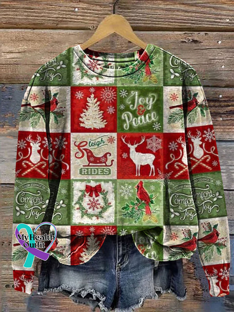 Retro Christmas Patchwork Art Prrint Casual Sweatshirt Multicolor / S