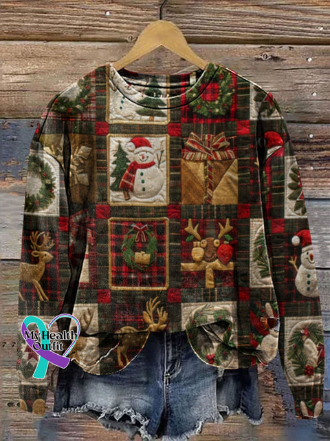 Retro Christmas Patchwork Art Prrint Casual Sweatshirt Multicolor / S