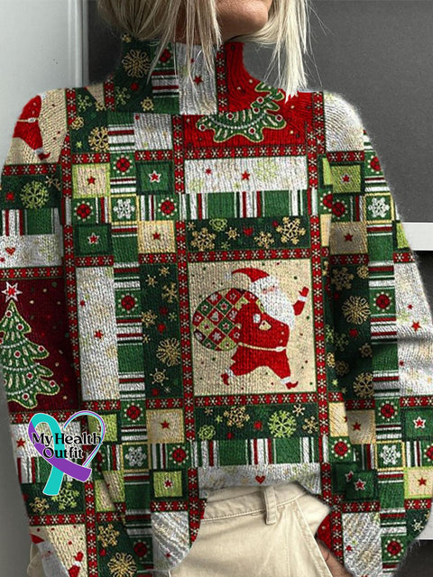 Retro Christmas Patchwork Print Knit Turtleneck Pullover Sweater Multicolor / S