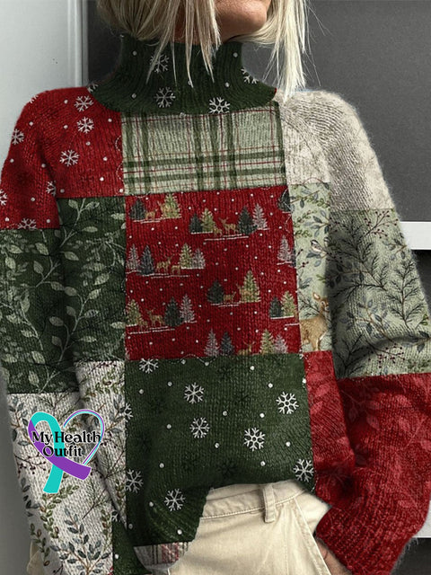 Retro Christmas Patchwork Print Knit Turtleneck Pullover Sweater Multicolor / S