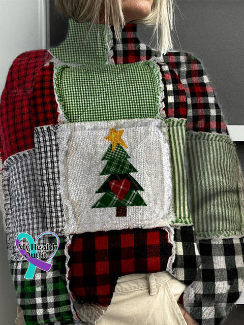 Retro Christmas Patchwork Print Knit Turtleneck Pullover Sweater Multicolor / S