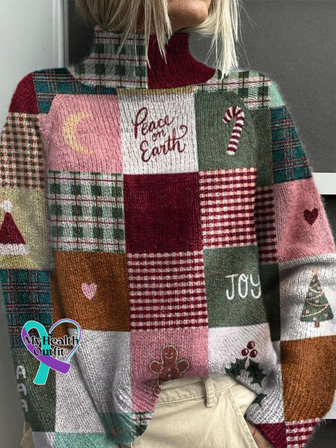 Retro Christmas Patchwork Print Knit Turtleneck Pullover Sweater Multicolor / S