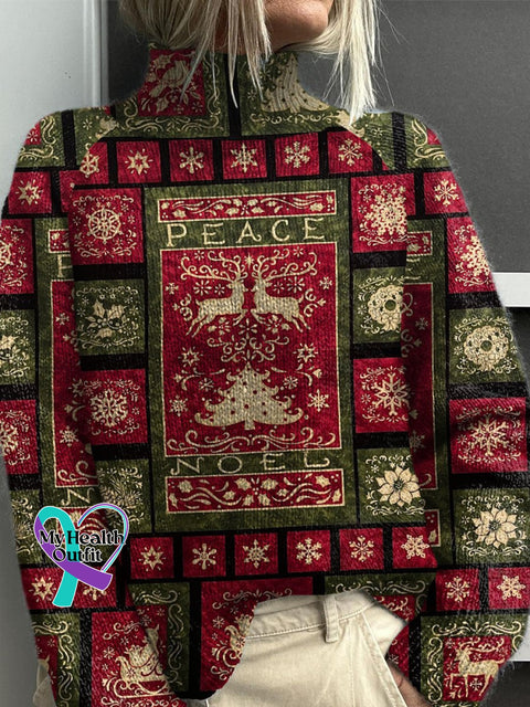 Retro Christmas Patchwork Print Knit Turtleneck Pullover Sweater Multicolor / S