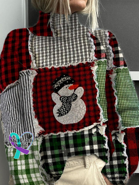 Retro Christmas Patchwork Print Knit Turtleneck Pullover Sweater Multicolor / S