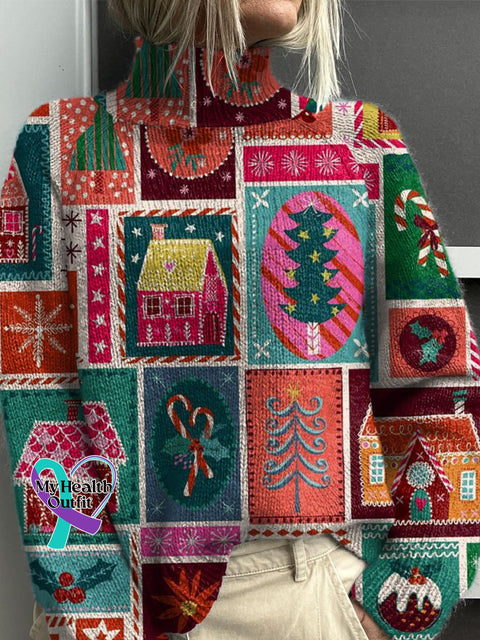 Retro Christmas Patchwork Print Knit Turtleneck Pullover Sweater Multicolor / S