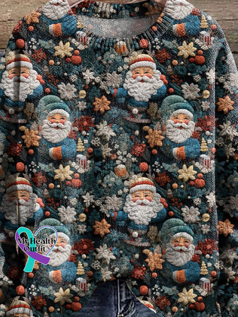 Retro Christmas Santa Claus Print Knit Pullover Sweater