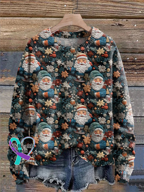 Retro Christmas Santa Claus Print Knit Pullover Sweater Multicolor / S