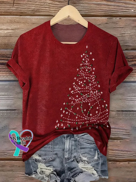 Retro Christmas Tree Art Pattern Casual T-shirt Multicolor / S