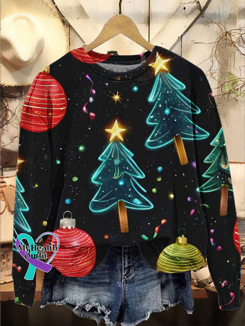 Retro Christmas Tree Casual Print Sweatshirt Multicolor / S