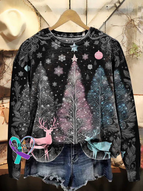 Retro Christmas Tree Deer Pattern Casual Sweatshirt Multicolor / S