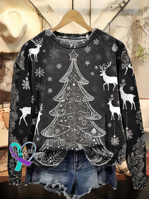 Retro Christmas Tree Elk Casual Sweatshirt Multicolor / S