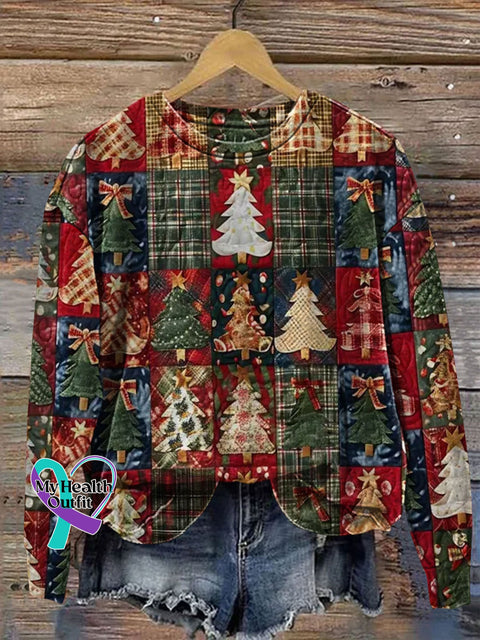 Retro Christmas Tree Patchwork Art Prrint Casual Sweatshirt Multicolor / S