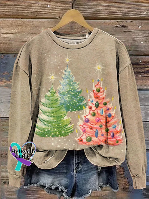 Retro Christmas Tree Print Casual Sweatshirt Multicolor / S