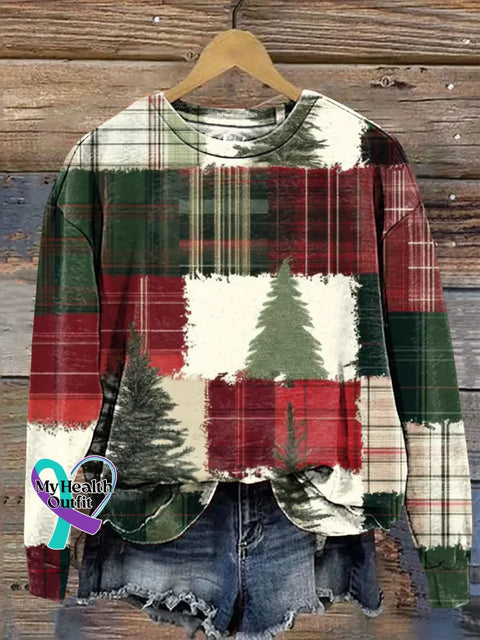 Retro Christmas Tree Print Casual Sweatshirt Multicolor / S