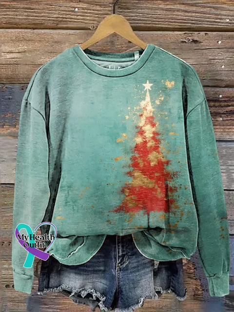 Retro Christmas Tree Print Casual Sweatshirt Multicolor / S