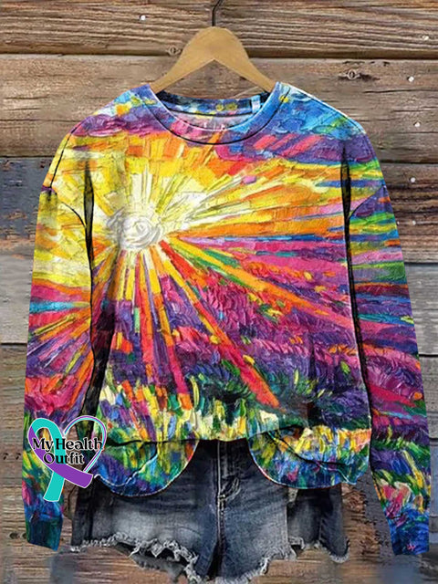 Retro Colorful Oil Painting Sunshine Field Casual Sweatshirt Multicolor / S