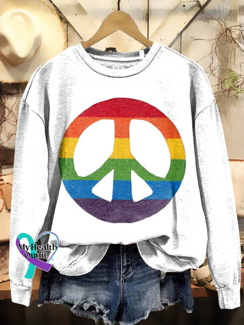 Retro Colorful Peace Sign Prints Casual Sweatshirt White / S