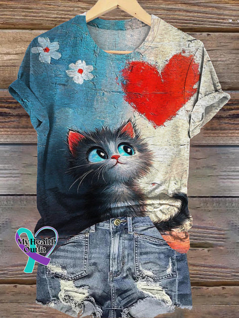 Retro Cute Cat Heart Gradient Print Casual Round Neck Short Sleeve T-Shirt Multicolor / S