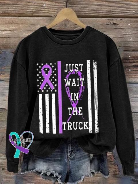 Retro Domestic Violence Awareness Flag Purple Ribbon Just Wait In The Truck Print Sweatshirt Black