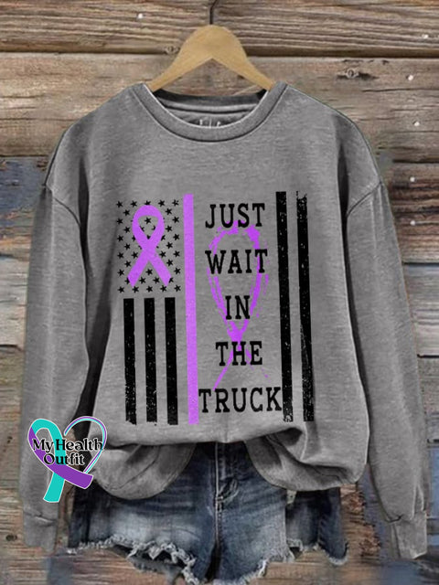 Retro Domestic Violence Awareness Flag Purple Ribbon Just Wait In The Truck Print Sweatshirt Light