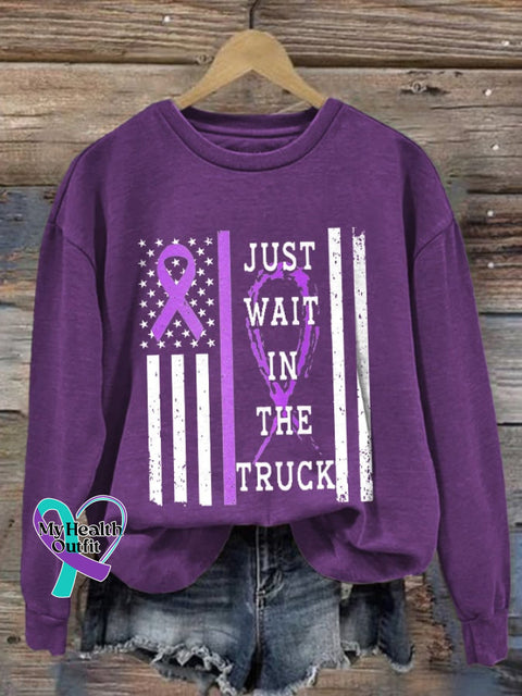 Retro Domestic Violence Awareness Flag Purple Ribbon Just Wait In The Truck Print Sweatshirt / S