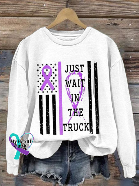 Retro Domestic Violence Awareness Flag Purple Ribbon Just Wait In The Truck Print Sweatshirt White