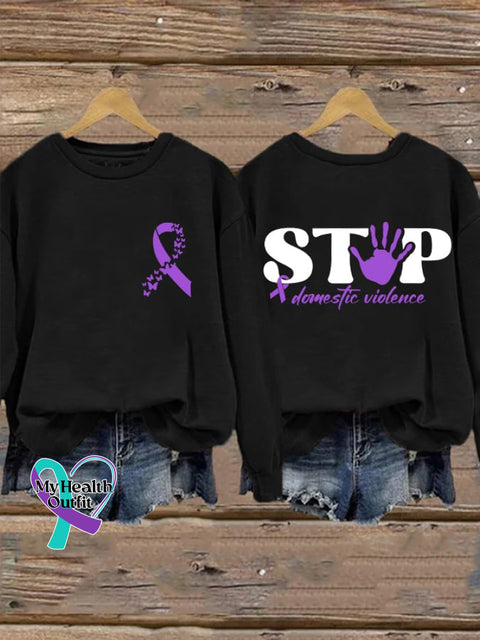 Retro Domestic Violence Awareness Purple Ribbon Stop Print Sweatshirt Black / S