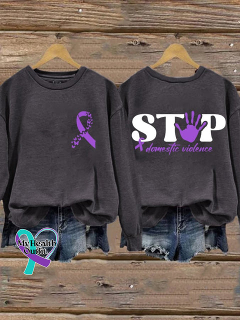 Retro Domestic Violence Awareness Purple Ribbon Stop Print Sweatshirt Dark Grey / S