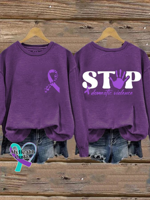Retro Domestic Violence Awareness Purple Ribbon Stop Print Sweatshirt / S