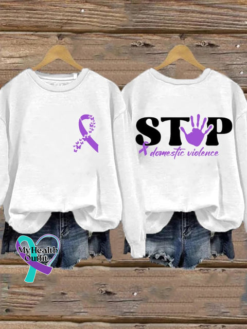 Retro Domestic Violence Awareness Purple Ribbon Stop Print Sweatshirt White / S