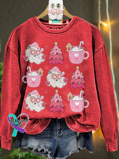 Retro Doodle Pink Christmas Casual Sweatshirt Red / S