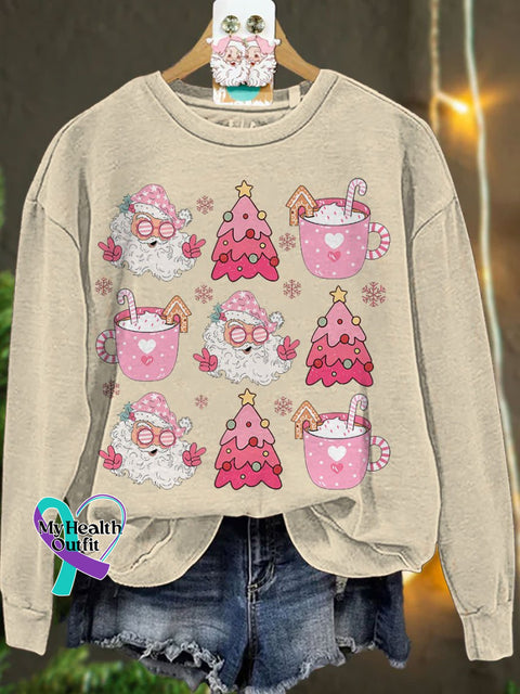 Retro Doodle Pink Christmas Casual Sweatshirt Sand / S