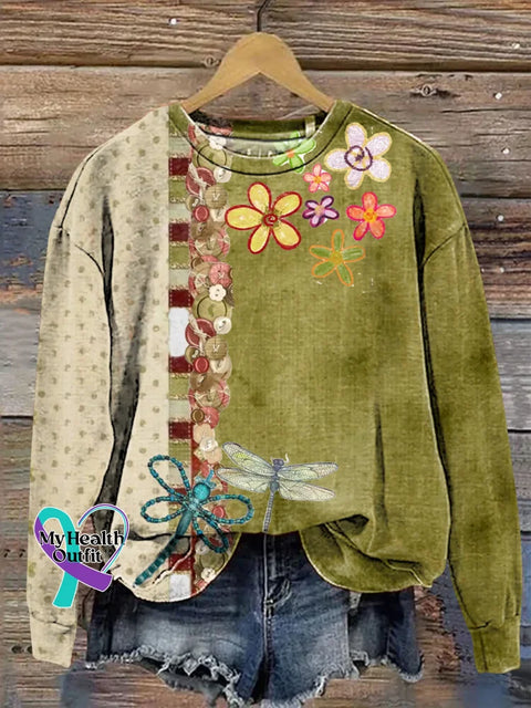 Retro Dragonfly Floral Print Casual Sweatshirt Multicolor / S