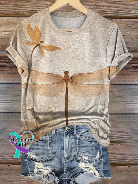 Retro Dragonfly Print Casual Round Neck Short Sleeve T-Shirt Multicolor / S