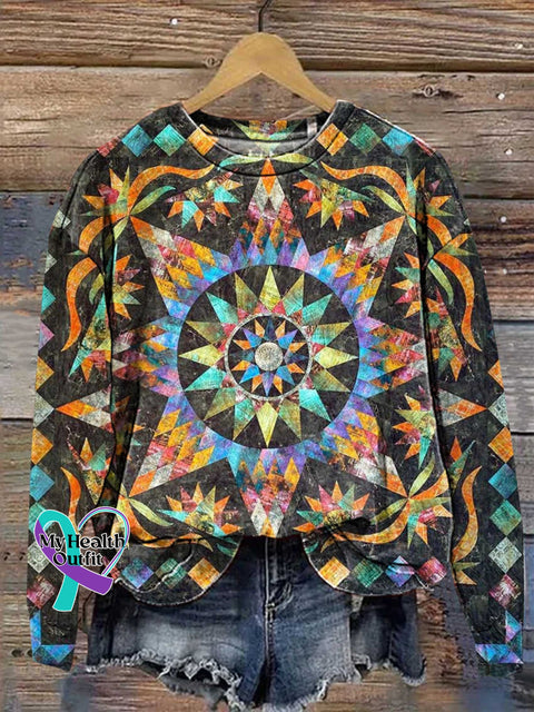 Retro Ethnic Colorful Pattern Casual Sweatshirt Multicolor / S