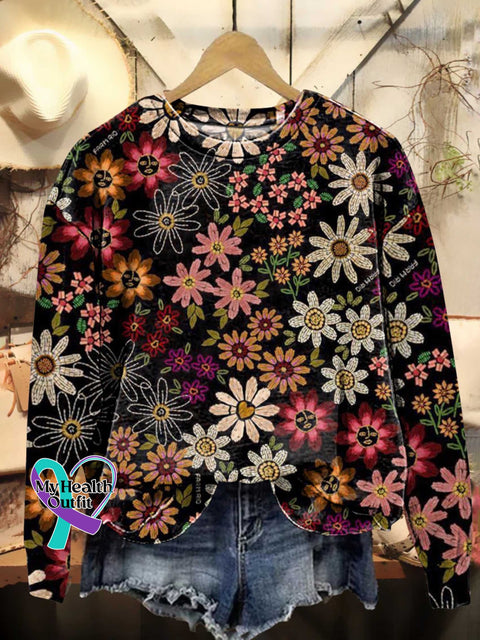 Retro Ethnic Floral Pattern Casual Sweatshirt