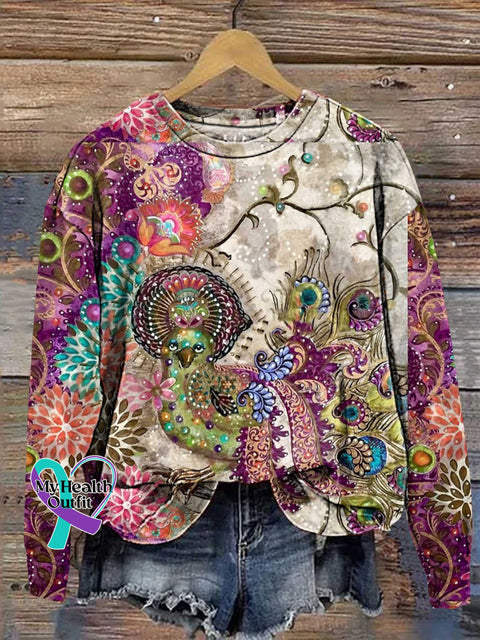 Retro Ethnic Floral Pattern Casual Sweatshirt Multicolor / S