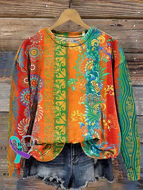 Retro Ethnic Floral Pattern Casual Sweatshirt Multicolor / S