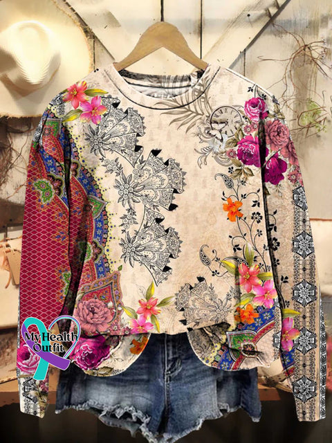 Retro Ethnic Floral Pattern Casual Sweatshirt Multicolor / S