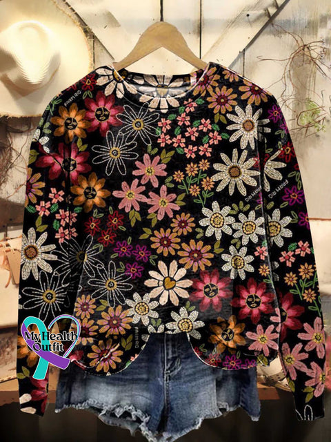 Retro Ethnic Floral Pattern Casual Sweatshirt Multicolor / Xl