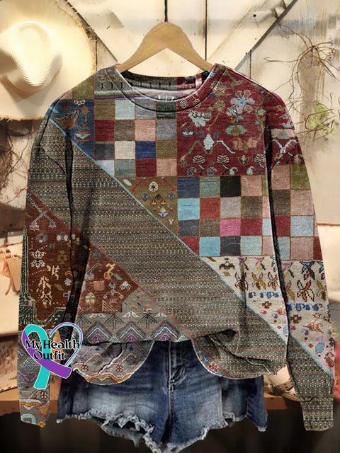 Retro Ethnic Pattern Casual Sweatshirt Multicolor / S