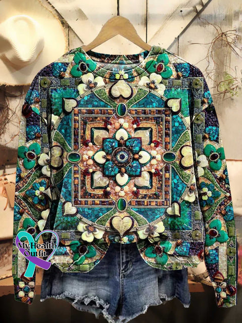 Retro Ethnic Pattern Casual Sweatshirt Multicolor / S