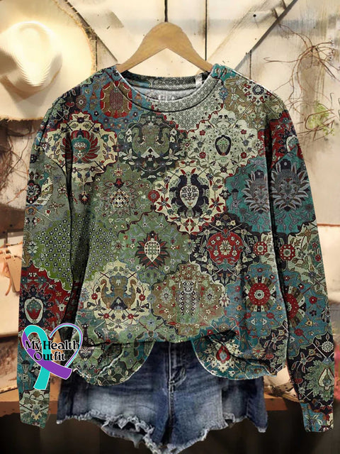 Retro Ethnic Pattern Casual Sweatshirt Multicolor / S