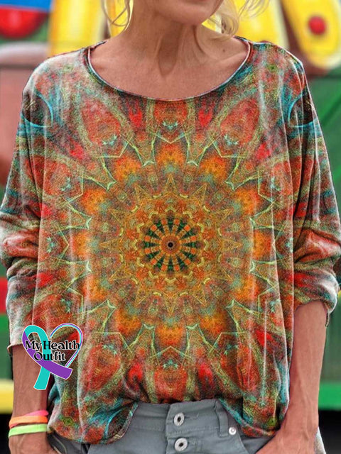 Retro Ethnic Totem Pattern Love And Peace Art Print Casual Long Sleeve T-Shirt Multicolor / S