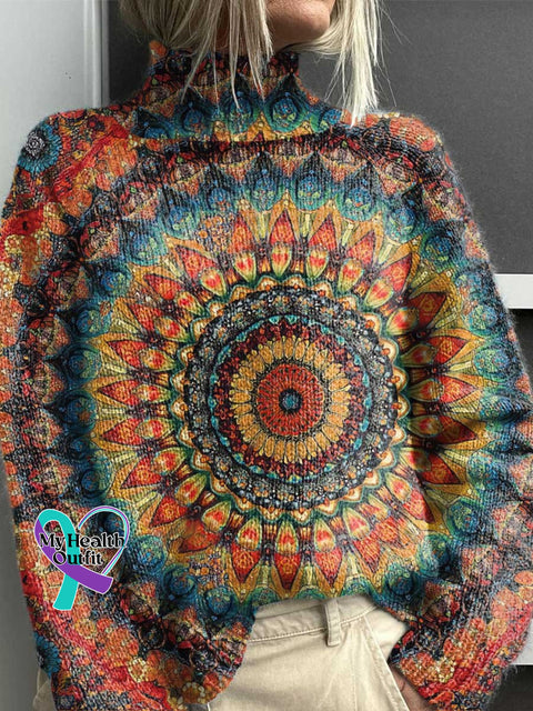 Retro Ethnic Totem Pattern Love And Peace Art Print Knit Turtleneck Pullover Sweater Multicolor / S