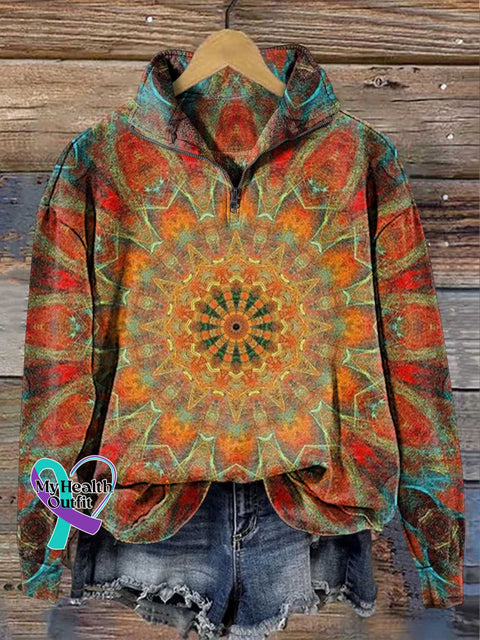 Retro Ethnic Totem Pattern Love And Peace Casual Long Sleeve Zip Sweatshirt Multicolor / S