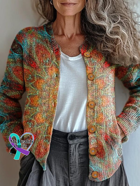 Retro Ethnic Totem Pattern Love And Peace Print Buttoned Cardigan Sweater Multicolor / S